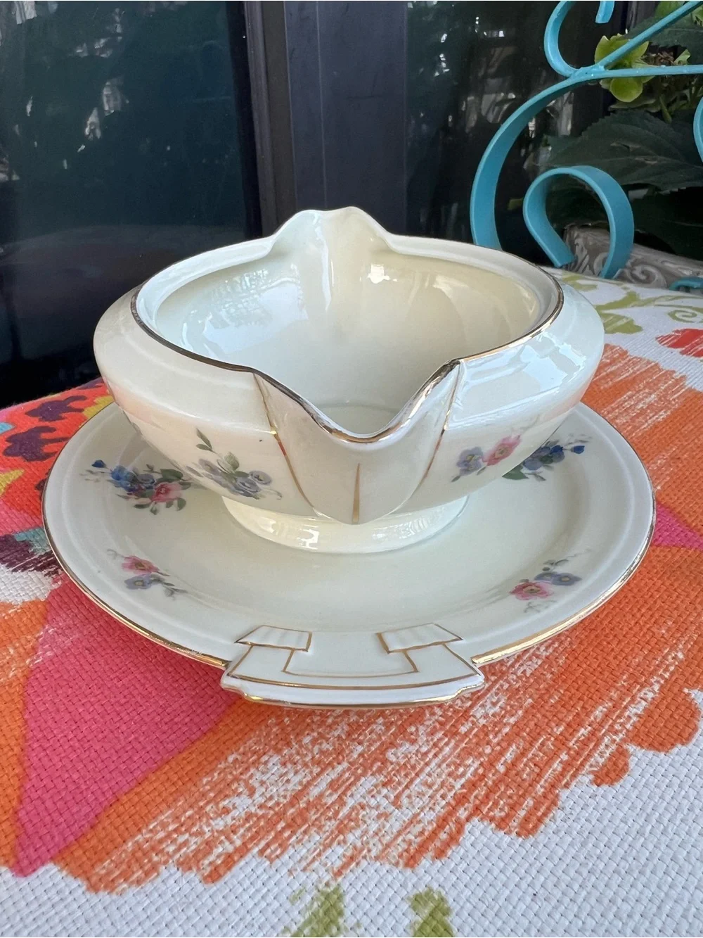 Vintage MECO Czechoslovakia Porcelain Gravy Boat Underplate Floral Gold Trim
